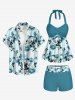 Maillot de bain tankini hawaïen à imprimé fleurs et feuilles, dos nu et jambes courtes, style torsadé. - Turquoise 3X