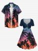 Robe hawaïenne grande taille imprimée ciel ombré cocotier et ciel, cintrée - Bleu profond S