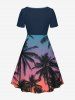 Robe hawaïenne grande taille imprimée ciel ombré cocotier et ciel, cintrée - Bleu profond 1X
