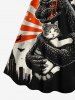 Dinosaur Cat Print Cinched A Line Dress -  