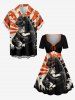 Dinosaur Cat Print Cinched A Line Dress -  