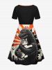 Robe trapèze grande taille à imprimé dinosaure et chat, cintrée - Orange 6X