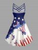 Plus Size Patriotic American Flag Butterfly Print Ruched Lattice Crisscross Straps Dress -  