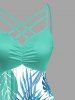 Plus Size Tropical Leaf Print Ruched Lattice Crisscross Straps Hawaii Dress - Turquoise 2X