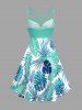 Plus Size Tropical Leaf Print Ruched Lattice Crisscross Straps Hawaii Dress - Turquoise 2X
