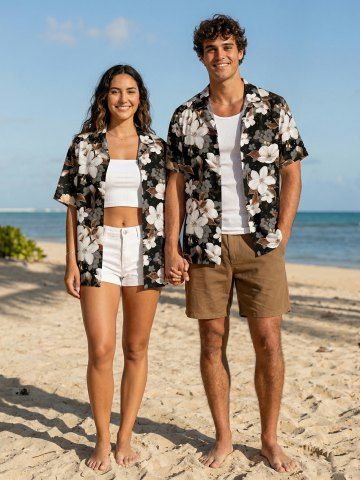 Tenue de plage hawaïenne assortie pour couples, imprimé floral ombré, pour couples - DEEP COFFEE