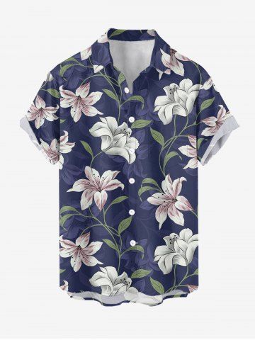 Plus Size Flower Leaf Branch Print Hawaii Button Pocket Shirt For Men