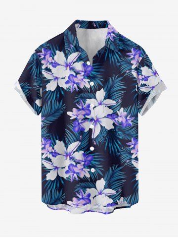 Chemise à poches boutons grande taille pour homme, imprimée de fleurs d'hibiscus et de feuilles tropicales, style hawaïen.