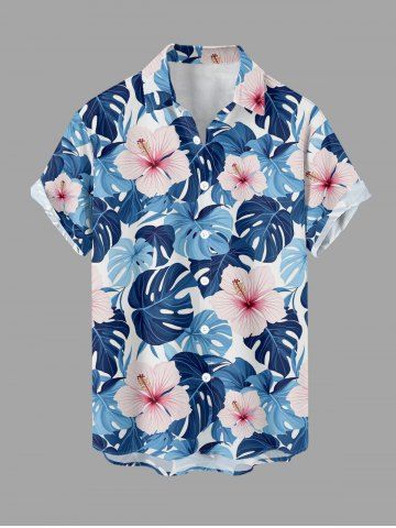 Chemise à poches boutons grande taille pour homme, imprimée de fleurs d'hibiscus et de feuilles tropicales, style hawaïen.