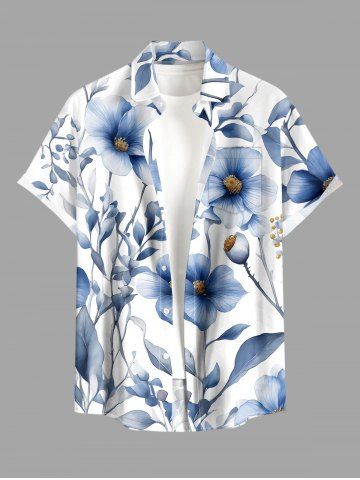 Plus Size Flowers Leaf Print Buttons Pocket Hawaii Shirt For Men - BLUE - 6XL