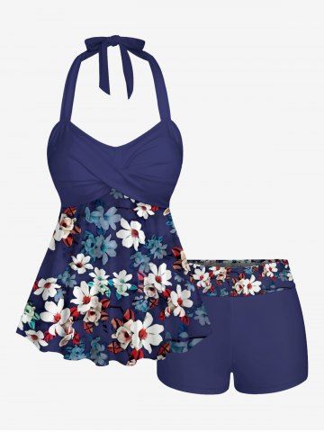 Plus Size Flower Leaf Print Halter Ruched Boyleg Hawaii Tankini Swimsuit - CADETBLUE - S