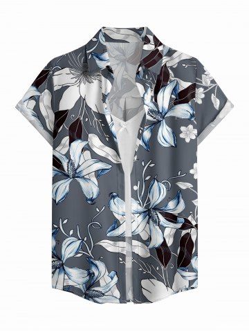 Women Flowers Leaf Print Buttons Pocket Hawaii Shirt - LIGHT GRAY - 2XL