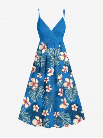 Plus Size Flower Tropical Leaf Print Surplice Hawaii Cami Dress - BLUE - 6X