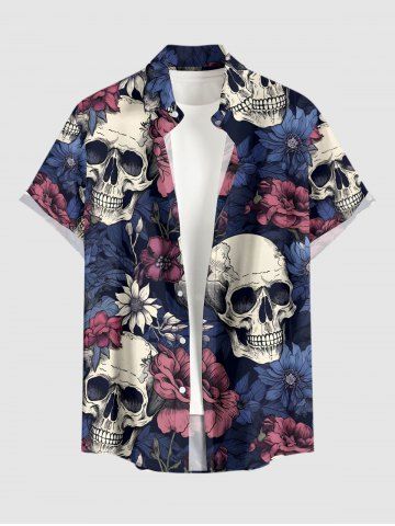 Plus Size Flower Skull Print Hawaii Button Pocket Shirt For Men - DEEP BLUE - 5XL