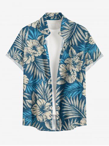 Plus Size Tropical Leaf Hibiscus Flower Print Hawaii Button Pocket Shirt For Men