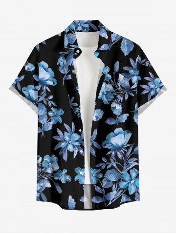 Plus Size Flower Leaf Branch Print Hawaii Button Pocket Shirt For Men - DENIM BLUE - 5XL