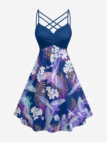 Robe hawaïenne grande taille à imprimé tropical floral, feuilles et oiseaux, froncée et à bretelles croisées. - PURPLE - 5X