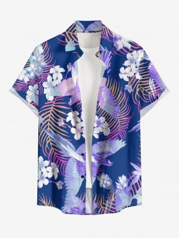 Plus Size Flower Leaf Bird Tropical Print Buttons Pocket Hawaii Shirt For Men - PURPLE - 4XL