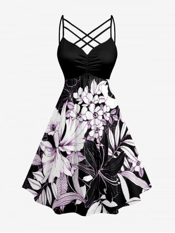 Robe hawaïenne grande taille à imprimé floral et feuilles, froncée et bretelles croisées. - BLACK - XS