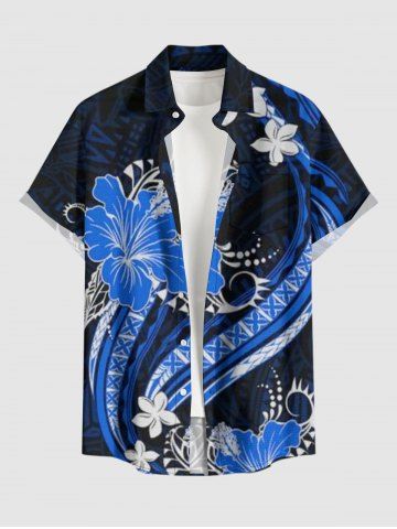 Chemise hawaïenne à poches boutons, imprimé ethnique à fleurs d'hibiscus, grande taille, pour homme - DEEP BLUE - 2XL