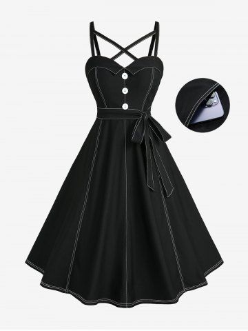 Plus Size Solid Topstitching Buttons Crisscross Pocket A Line Dress with Removable Belt - BLACK - 4X | US 26-28