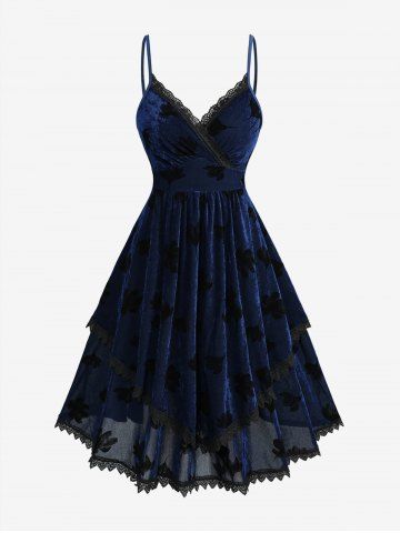 Plus Size Flower Flocking Lace Trim Surplice Layered A Line Cami Dress - DEEP BLUE - 4X | US 26-28