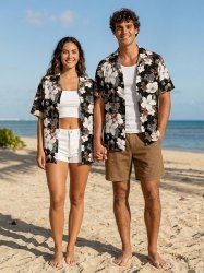 Tenue de plage hawaïenne assortie pour couples, imprimé floral ombré, pour couples - Café profond 