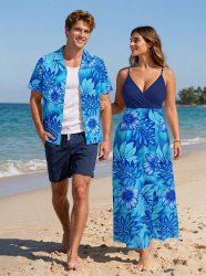Tropical Leaf Hibiscus Flower Print Plus Size Matching Hawaii Beach Outfit For Couples -  