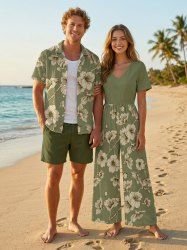 Flower Print Matching Hawaii Beach Outfit For Couples -  