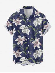 Plus Size Flower Leaf Branch Print Hawaii Button Pocket Shirt For Men -  