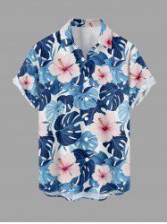 Chemise à poches boutons grande taille pour homme, imprimée de fleurs d'hibiscus et de feuilles tropicales, style hawaïen. - Bleu L