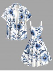 Flowers Leaf Print Plus Size Matching Hawaii Beach Outfit For Couples -  
