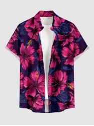 Plus Size Hibiscus Flower Print Buttons Pocket Hawaii Shirt For Men - Rouge Rose 3XL