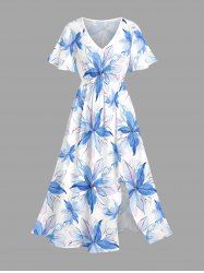 Plus Size Flowers Watercolor Print Split Hawaii Midi Dress - Bleu clair 2X