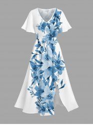 Plus Size Flowers Leaf Print Split Hawaii Midi Dress - Bleu Poudre 2X