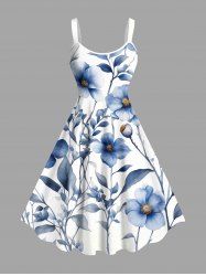 Plus Size Flowers Leaf Print Hawaii Tank Dress - Bleu M