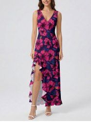 Hibiscus Flower Print Hawaii Ruffles Split Surplice Dress - Rouge Rose XXL