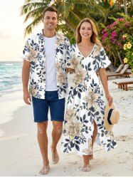 Flower Leaf Branch Print Plus Size Matching Hawaii Beach Outfit For Couples -  