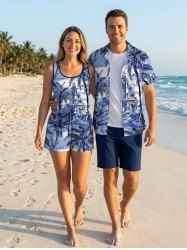 Matching Hawaii Shirt and Romper Beach Outfit Coconut Tree Seascape Building Print For Couples -  