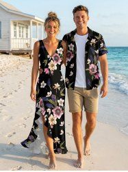 Tenue de plage hawaïenne assortie à imprimé floral et feuilles pour couples - Noir 
