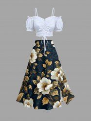 Ensemble grande taille composé d'un haut court à volants et d'une jupe trapèze fendue à imprimé floral hawaïen. - Blanc 
