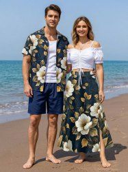 Flower Leaf Print Matching Hawaii Beach Outfit For Couples -  