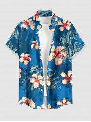 Chemise hawaïenne grande taille pour homme, à imprimé floral tropical et feuilles, avec boutons et poche. - Bleu 4XL