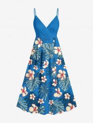 Plus Size Flower Tropical Leaf Print Surplice Hawaii Cami Dress - Bleu M