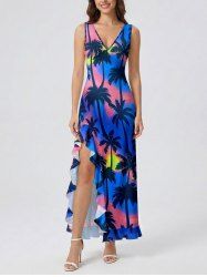 Coconut Tree Ombre Print Hawaii Ruffles Split Dress -  