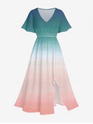 Plus Size Dip Dye Ombre Print Hawaii Split Pocket A Line Midi Dress - Turquoise Foncée 2X