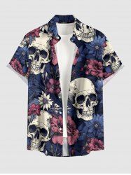 Chemise hawaïenne à imprimé fleurs et crânes, grande taille, poche boutonnée, pour hommes - Bleu profond 2XL