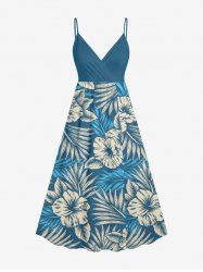 Plus Size Tropical Leaf Hibiscus Flower Print Hawaii Surplice A Line Cami Dress -  