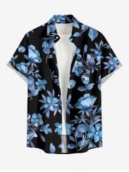 Chemise hawaïenne à imprimé floral, feuilles et branches, grande taille, avec poche boutonnée, pour hommes - Bleu Toile de Jean S