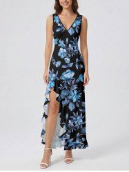 Flower Leaf Branch Print Hawaii Ruffles Split Dress -  